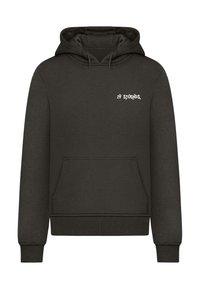 Dark gray hoodie with a kangaroo pocket and ribbed cuffs. Features a white printed logo on the chest. Made of soft, textured fabric.