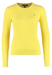 Pull à manches longues jaune en maille torsadée avec col rond et petit logo sur le côté gauche de la poitrine.
