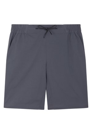 Gray shorts made of lightweight material with an elastic waistband and drawstring. Side pockets and a straight cut design.