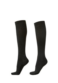 Knæhøje sorte sokker med ribbet tekstur og subtile sølvmetaltråde. Glat overflade og tætsiddende design.