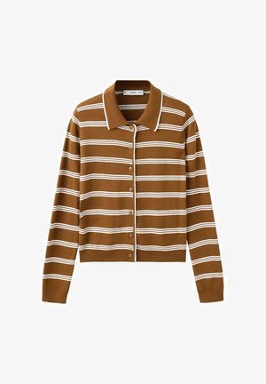 Cardigan marrone con bottoni, righe orizzontali bianche, maniche lunghe e colletto classico.