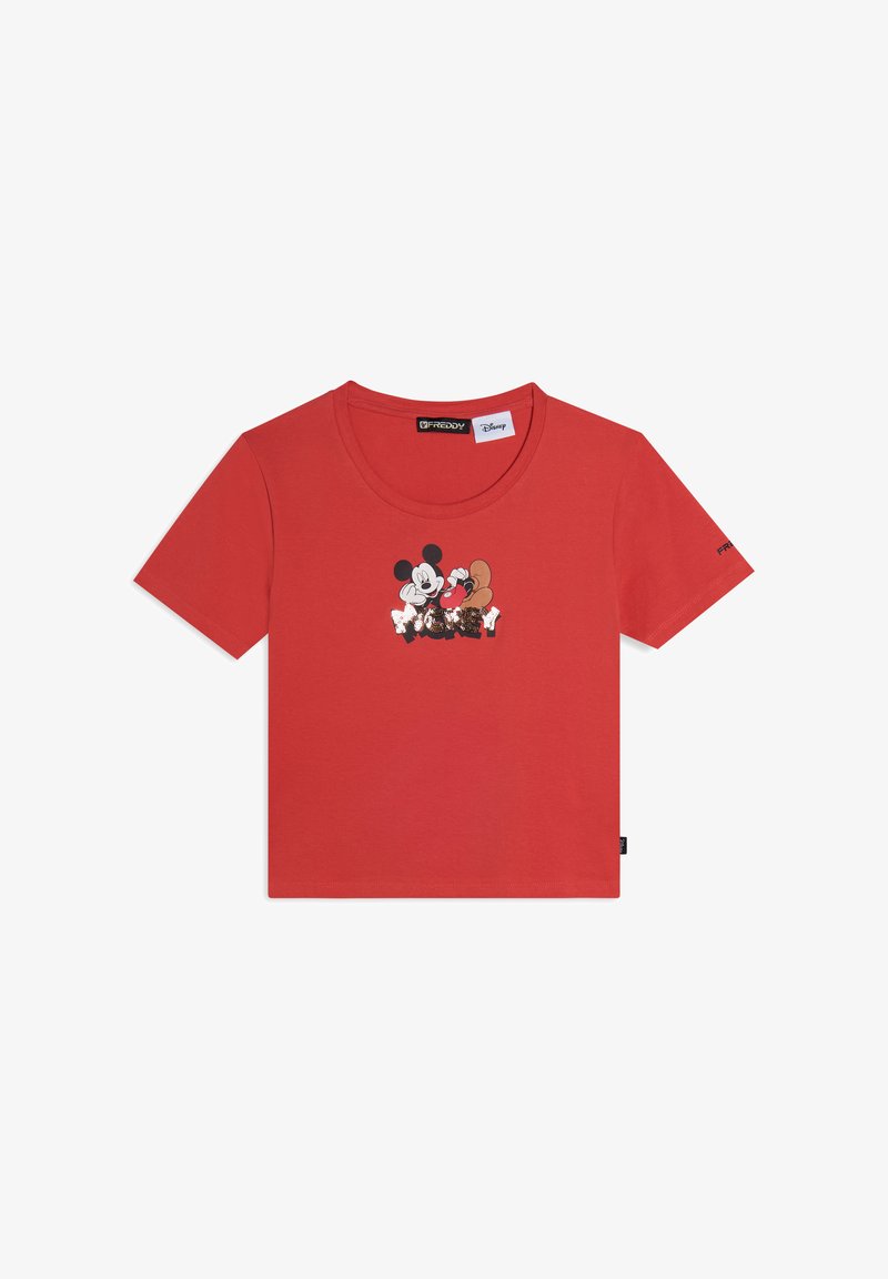 T-shirt en coton rouge à col rond. Présente un design imprimé de Mickey Mouse et d'un écureuil, rehaussé de sequins. Manches courtes.