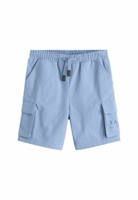 Ljusblå cargo-shorts i mjukt tyg med elastisk midja, dragsko, två sidofickor och en cargo-ficka på höger ben.