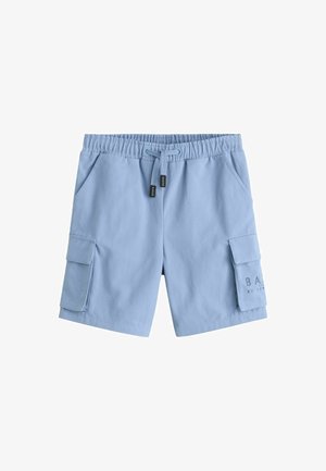 Svetlomodré cargo šortky vyrobené z mäkkej látky s elastickým pásom, šnúrkou na stiahnutie, dvoma bočnými vreckami a cargo vreckom na pravej nohe.