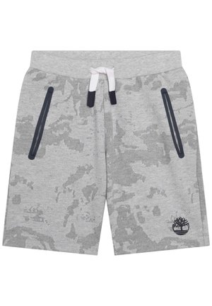 Lysegrå shorts med camouflage-mønster, elastisk talje, hvid snor, sorte lynlåslommer i siden og lille sort trælogo på venstre ben.