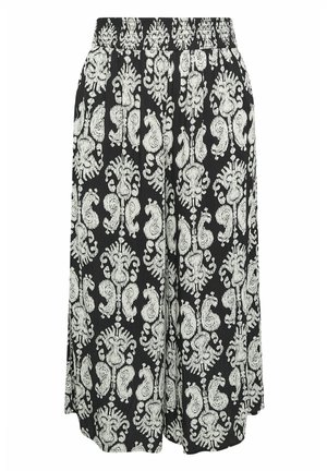 Pantalon large noir avec des motifs floraux et cachemire blancs complexes et une taille élastique.