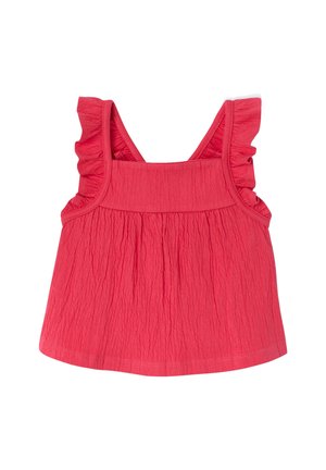 Rotes ärmelloses Kinderoberteil mit gerafften Schulterriemen und strukturiertem Stoffdetail auf weißem Hintergrund.
