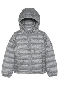 Giacca imbottita grigia con cappuccio, caratterizzata da un design trapuntato e macchie iridescenti su tutta la superficie. Chiusura frontale con zip e polsini elasticizzati.