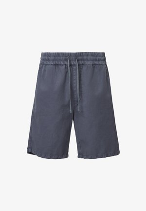 Kurzshorts aus dunkelgrauem Stoff, mit einem elastischen Bund und einer Kordel, lockerer Passform und gesäumten Kanten.