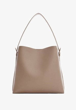 Borsa a mano in pelle beige con una texture liscia, parte superiore curva e una singola tracolla stretta; corpo spazioso senza chiusure o dettagli visibili.