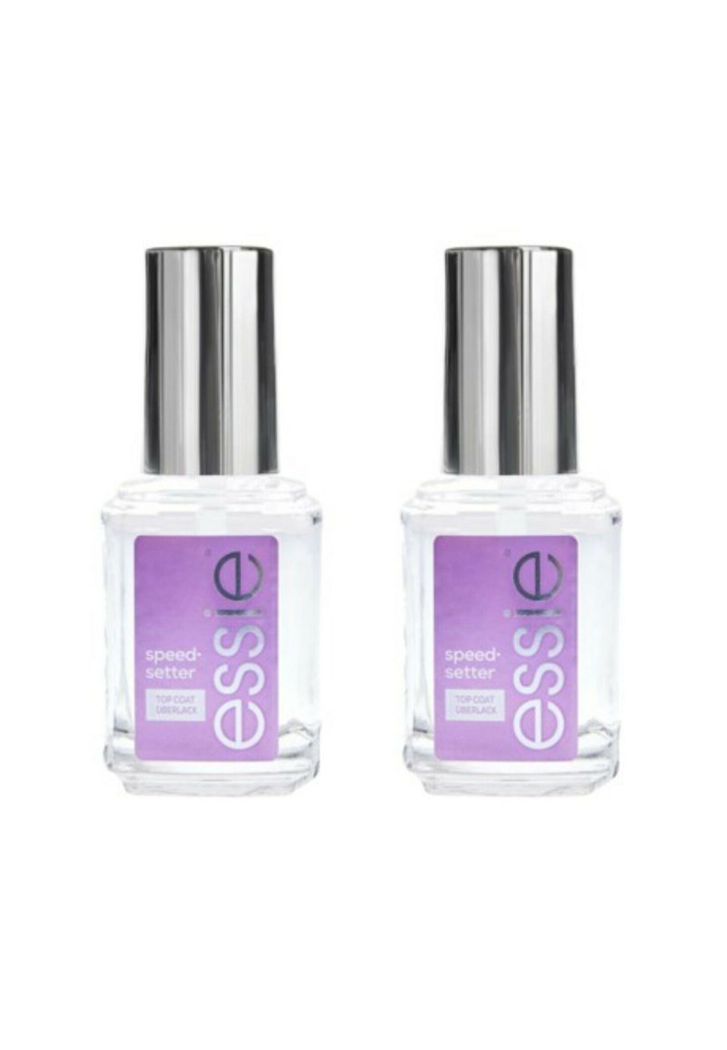 Des bouteilles en verre transparent avec des bouchons argentés, chacune étiquetée "essie speed-setter" en violet, contenant un vernis à ongles top coat à séchage rapide.