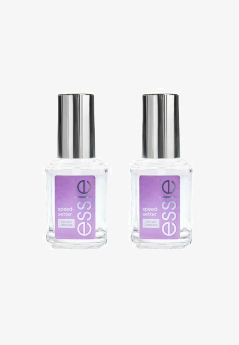 Des bouteilles en verre transparent avec des bouchons argentés, chacune étiquetée "essie speed-setter" en violet, contenant un vernis à ongles top coat à séchage rapide.