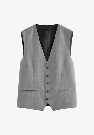 Gilet sans manches gris avec un motif texturé subtil, cinq boutons sur le devant, deux poches latérales et une doublure intérieure noire lisse.