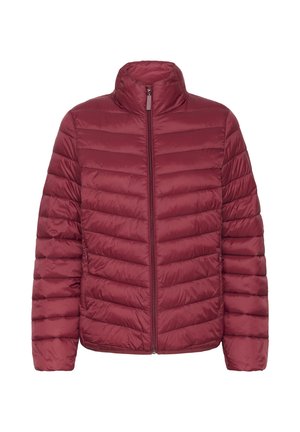 Burgunderfarbene Puffjacke mit hohem Kragen, horizontalen Nähten und durchgehendem Reißverschluss. Leicht, mit glatter Textur, geeignet für kühle Wetterbedingungen.
