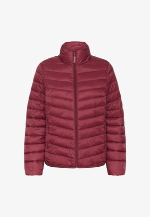 Giubbotto imbottito bordeaux con colletto alto, cuciture orizzontali e zip frontale completa. Leggero, dalla texture liscia, adatto per il clima fresco.
