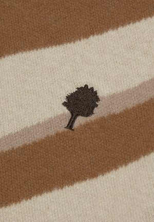 Tessuto lavorato a maglia marrone e crema con strisce orizzontali e un piccolo motivo ricamato di un albero nero. Texture morbida e sottile contrasto di colori.