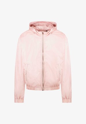 Lichtroze gewatteerde jas met capuchon, gemaakt van glad, glanzend stof, voorzien van een ritssluiting aan de voorkant, elastische manchetten en een losse pasvorm met twee zijzakken.