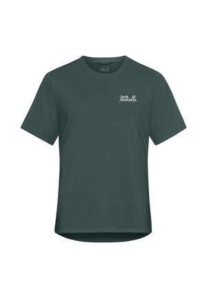 Dunkelgrünes T-Shirt mit kurzen Ärmeln, rundem Ausschnitt und kleinem weißem "Jack Wolfskin"-Logo auf der linken Brust.