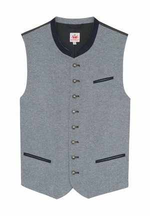 Grau strukturiertes Herrenweste mit schwarzem Besatz, sechs Metallknöpfen auf der Vorderseite und drei Taschen mit schwarzem Besatz.