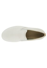 White leather slip-on shoe with a smooth texture, rounded toe, and contrasting tan accent at the heel. Stitching visible along the edges.
