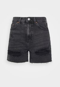 Svarta denimshorts med hög midja, fransar i fållen och slitna detaljer fram. De har två fickor och en knappstängning.