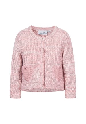 Różowy sweter dzianinowy z długimi rękawami, okrągłym dekoltem, zapięciem na guziki i kieszeniami w kształcie serca. Miękka faktura i lekki fason.