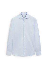 Light blue long-sleeve shirt made of smooth fabric. Features a classic collar, button front, and cuffed sleeves with a slight sheen.