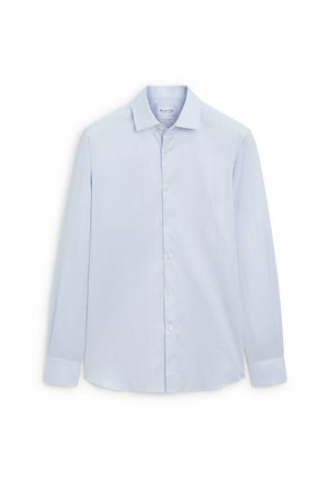 Light blue long-sleeve shirt made of smooth fabric. Features a classic collar, button front, and cuffed sleeves with a slight sheen.