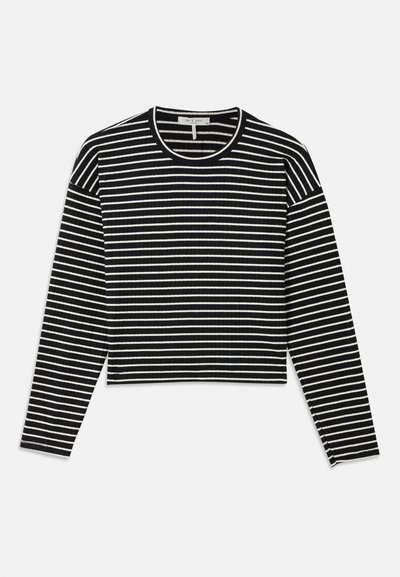 Melna un balta svītrota garām piedurknēm blouse, ribota tekstūra, apaļš dekoltē, īss dizains, ar redzamām šuvēm un kontrastējošām piedurkņu malām.