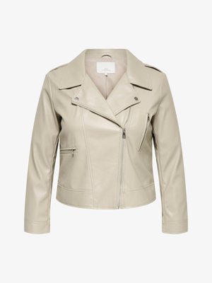 Ljusbeige kort bikerjacka i konstläder med breda slag, asymmetrisk dragkedja och dragkedjefickor fram och på bröstet.