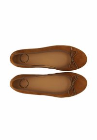 Brown suede ballet flats with a rounded toe, elasticized collar, and a bow accent on the front. Soft interior with smooth texture.