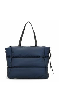 Borsa a spalla imbottita di colore blu navy con un design elegante, manici in pelle nera e chiusura con zip. Presenta una superficie testurizzata e cuciture contour.