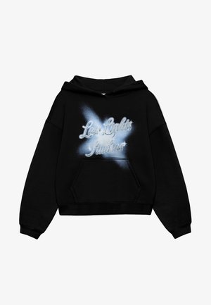 Sweat à capuche court noir avec poche kangourou devant et motif étoile bleue avec texte blanc en cursive "Low Lights Mindless" sur la poitrine.