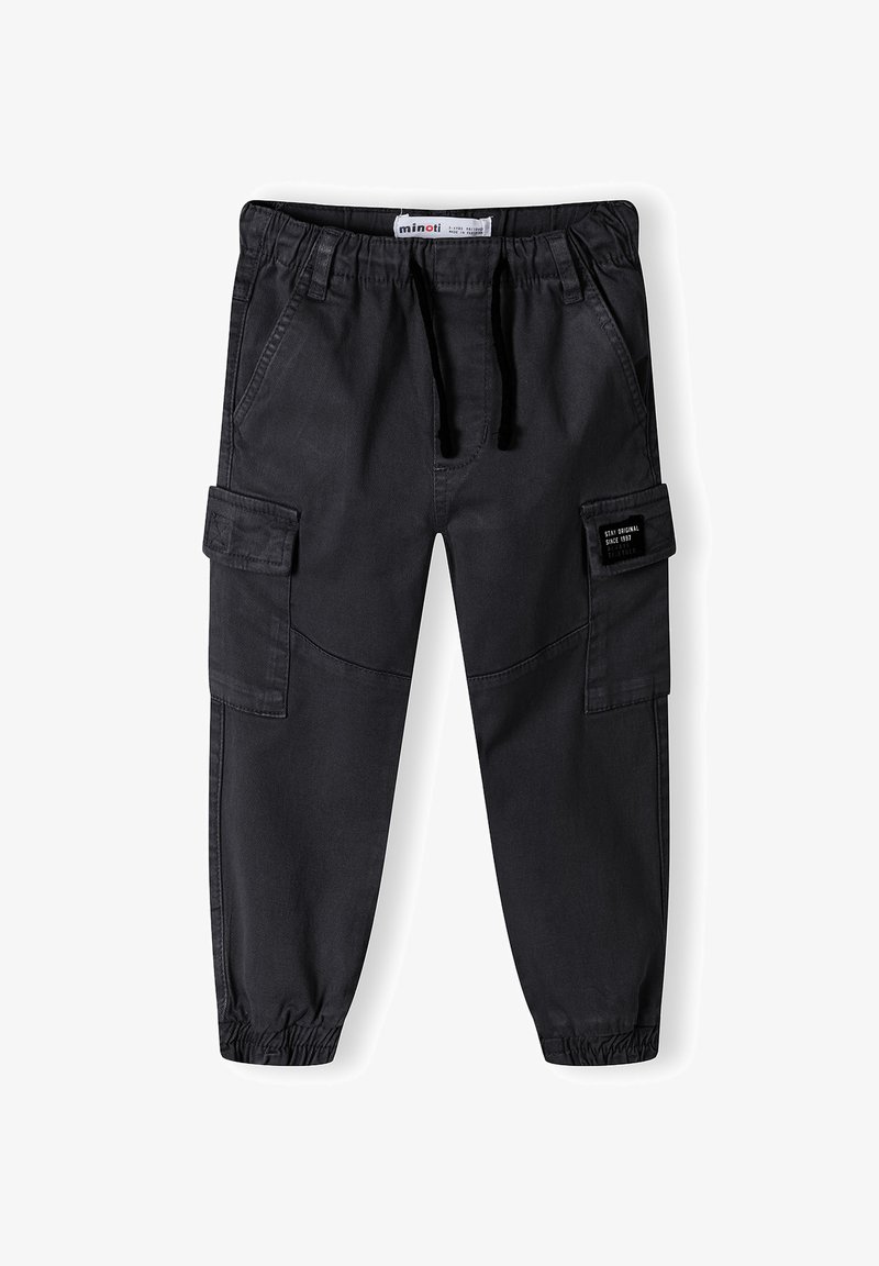 Black cargo pants made of cotton. Features elastic waistband, drawstring, and two side pockets with a patch on the right leg.