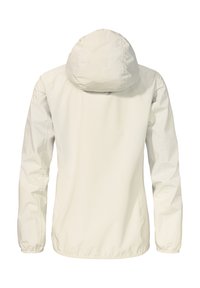 Leichte, creamfarbene wasserdichte Jacke mit Kapuze. Verfügt über eine glatte Textur, elastische Bündchen und eine taillierte Form.