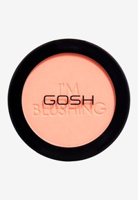 Runder Pfirsich-Rouge-Compact mit matter Textur. Schwarze runde Dose mit erhabenem Text "GOSH" und "I'M BLUSHING" in der Mitte.