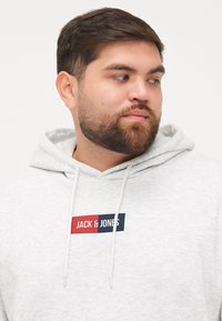 Grå hoodie med justerbare snore, prydet med et rektangulært logo i rød og navy blå på brystet. Fremstillet af blødt stof med en afslappet pasform.