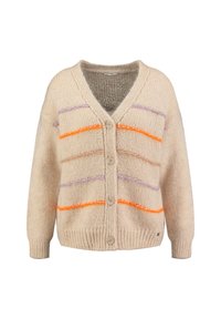 Cardigan lavorato a maglia beige con scollo a V, quattro bottoni e strisce orizzontali morbide in arancione, viola e marrone chiaro sulla parte anteriore.
