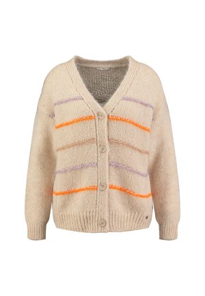 Beige knitted cardigan with V-neck, four buttons, and horizontal fuzzy stripes in orange, purple, and light brown across the front.
