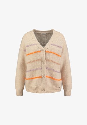 Beige gestrickte Strickjacke mit V-Ausschnitt, vier Knöpfen und horizontalen flauschigen Streifen in Orange, Lila und Hellbraun auf der Vorderseite.