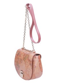 Piccola borsa a tracolla con stampa mappa nei toni del beige e del rosa, dotata di una catena argentata e una chiusura a scatto metallica.