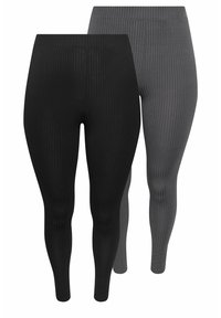 Deux paires de leggings côtelés, l'une noire et l'autre gris foncé, présentant une taille haute et un design ajusté.