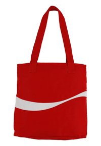 Raudona rankinė su dviem ilgomis rankenomis, frontui papuošta balta kreiva juostele. Pagaminta iš patvaraus audinio, su lygaus paviršiaus tekstūra.