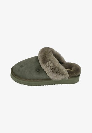 Green suede slipper with a soft gray fur collar. Round toe, slip-on design, and textured sole for grip. Notable branding detail on side.