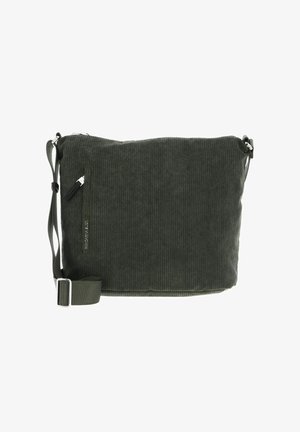 Sac bandoulière en velours côtelé vert avec une surface texturée, une sangle ajustable et une poche frontale zippée. Dispose d'un marquage discret sur le côté.