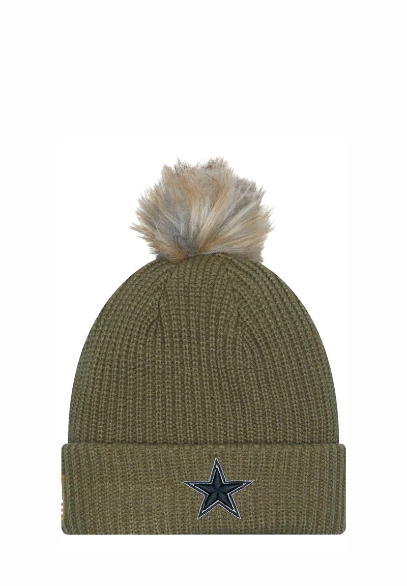 Knit olive green beanie with a fold-over cuff, featuring a black star embroidery and a fluffy pom-pom on top.