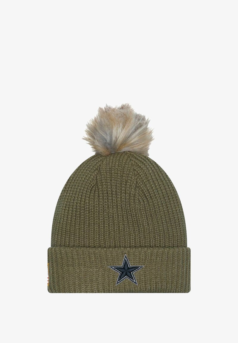 Knit olive green beanie with a fold-over cuff, featuring a black star embroidery and a fluffy pom-pom on top.