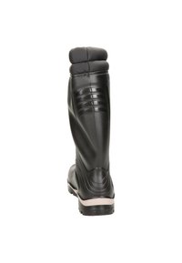 Botte en caoutchouc noire imperméable avec un poignet rembourré, des côtés texturés et une semelle à bonne adhérence. L'arrière présente un design courbé et des accents superposés.