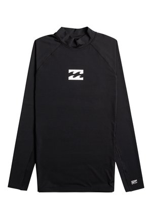 Czarna, długorękawowa koszulka o właściwościach ochronnych, wykonana z rozciągliwego materiału. Posiada wysoki kołnierz, płaskie szwy i białe logo fali na klatce piersiowej.