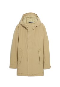 Beige capuchonjack met een rits en drukknoopsluiting, twee voorzakken en elastische manchetten. Gemaakt van glad, waterafstotend materiaal.